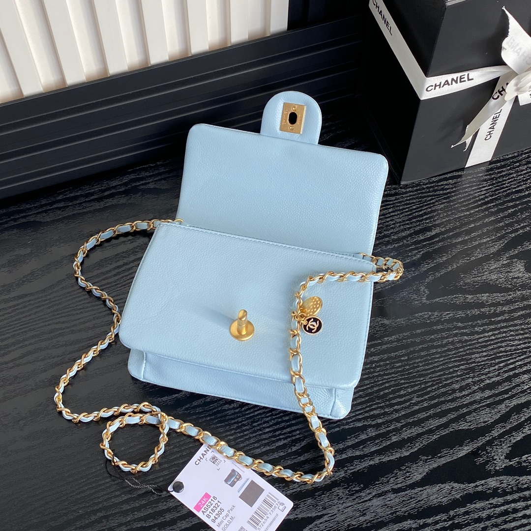 Chanel AS5218 Mini Flap Bag Grained Shiny Calfskin & Gold-Tone Metal Light Blue