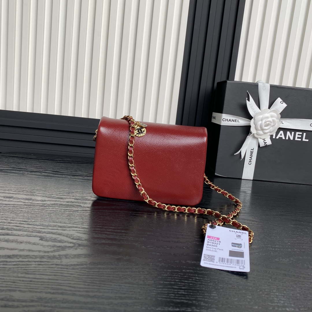 Chanel AS5218 Mini Flap Bag Grained Shiny Calfskin & Gold-Tone Metal Red