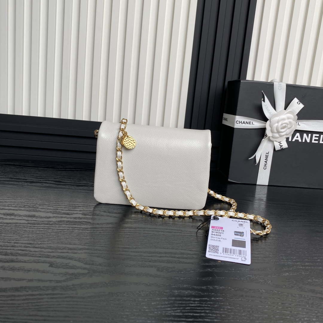 Chanel AS5218 Mini Flap Bag Grained Shiny Calfskin & Gold-Tone Metal White - Default Title - View 2