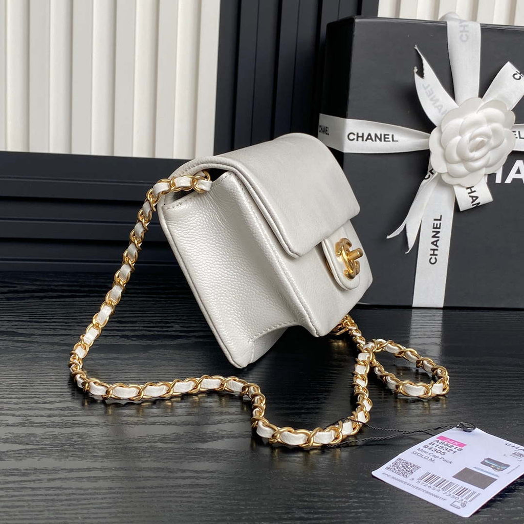 Chanel AS5218 Mini Flap Bag Grained Shiny Calfskin & Gold-Tone Metal White