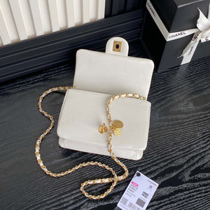 Chanel AS5218 Mini Flap Bag Grained Shiny Calfskin & Gold-Tone Metal White - Default Title - View 6