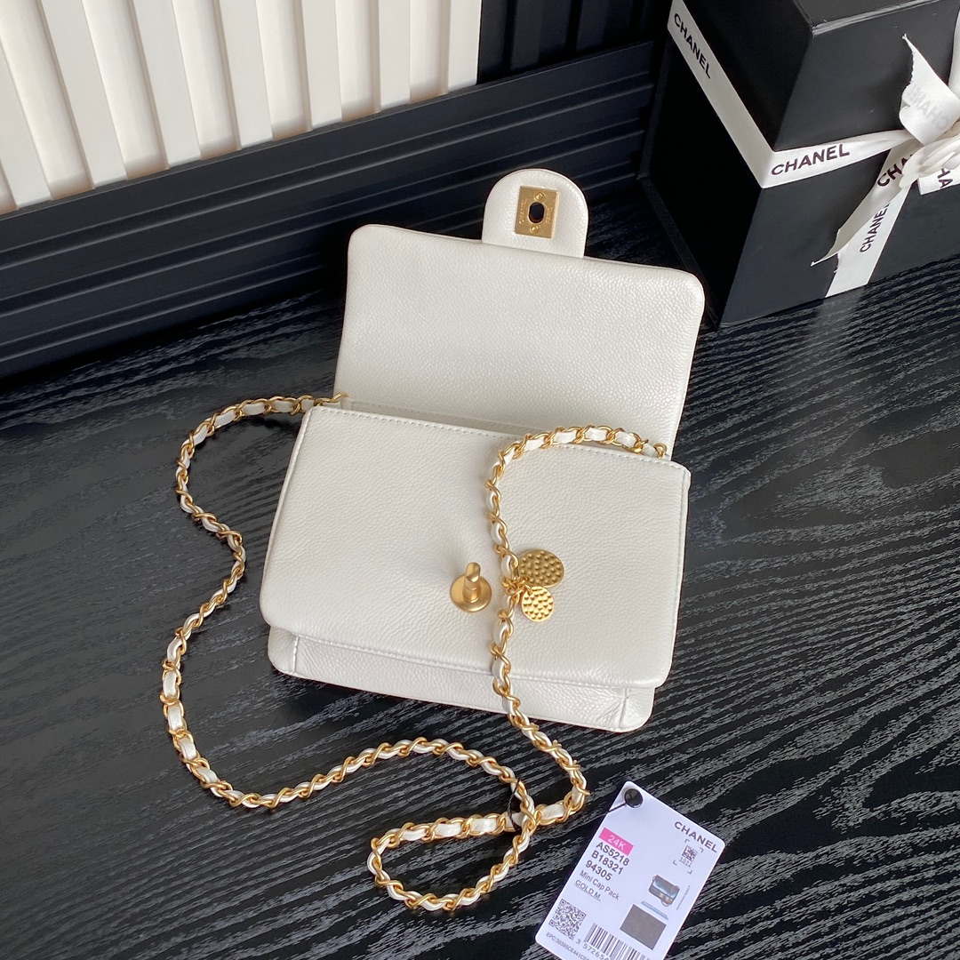 Chanel AS5218 Mini Flap Bag Grained Shiny Calfskin & Gold-Tone Metal White