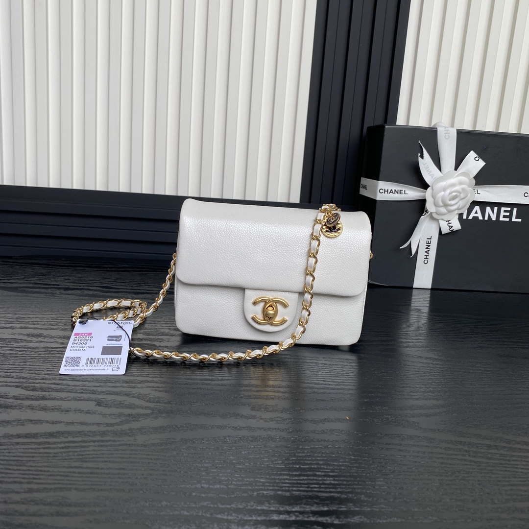 Chanel AS5218 Mini Flap Bag Grained Shiny Calfskin & Gold-Tone Metal White - Default Title - View 1