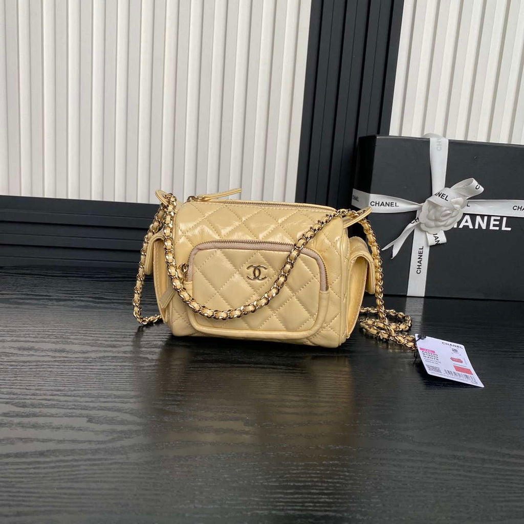 Chanel AS5220 Small Camera Case Bag Shiny Crumpled Lambskin & Gold-Tone Metal Apricot