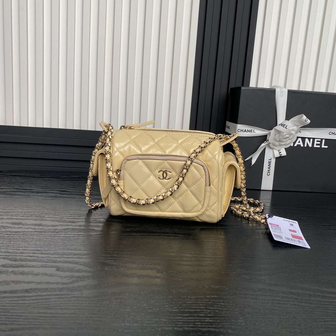 Chanel AS5220 Small Camera Case Bag Shiny Crumpled Lambskin & Gold-Tone Metal Apricot - Default Title - View 1