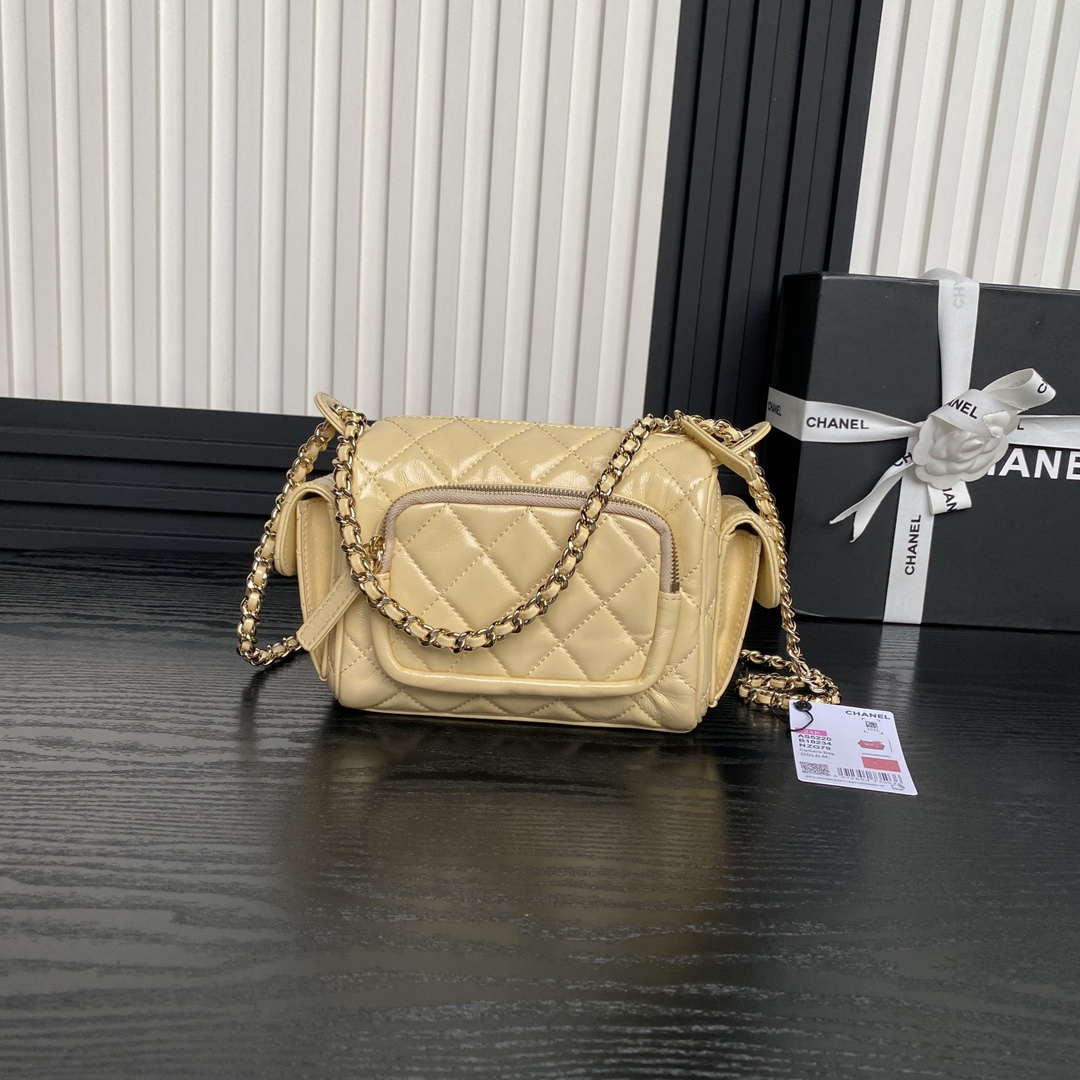 Chanel AS5220 Small Camera Case Bag Shiny Crumpled Lambskin & Gold-Tone Metal Apricot