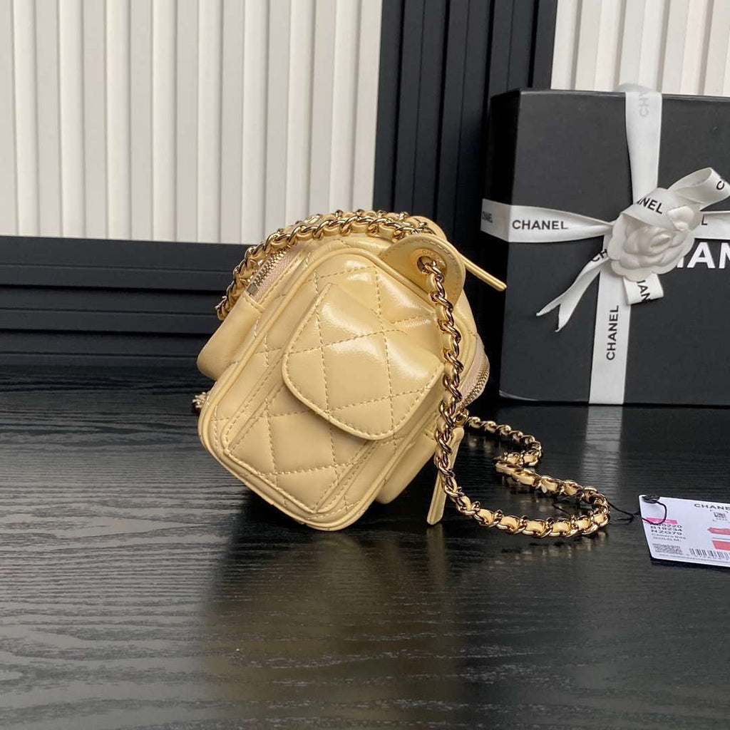 Chanel AS5220 Small Camera Case Bag Shiny Crumpled Lambskin & Gold-Tone Metal Apricot