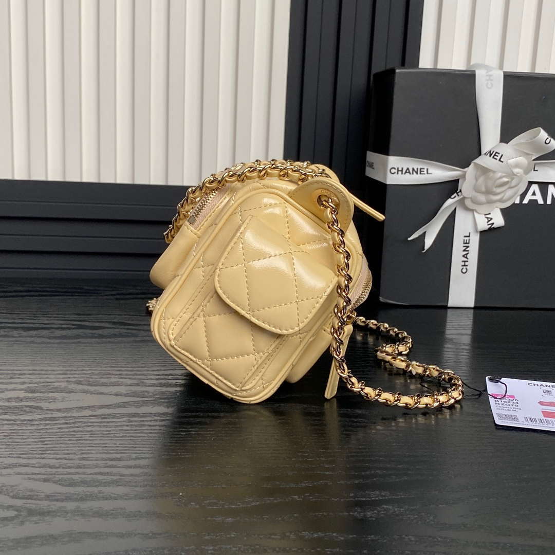 Chanel AS5220 Small Camera Case Bag Shiny Crumpled Lambskin & Gold-Tone Metal Apricot
