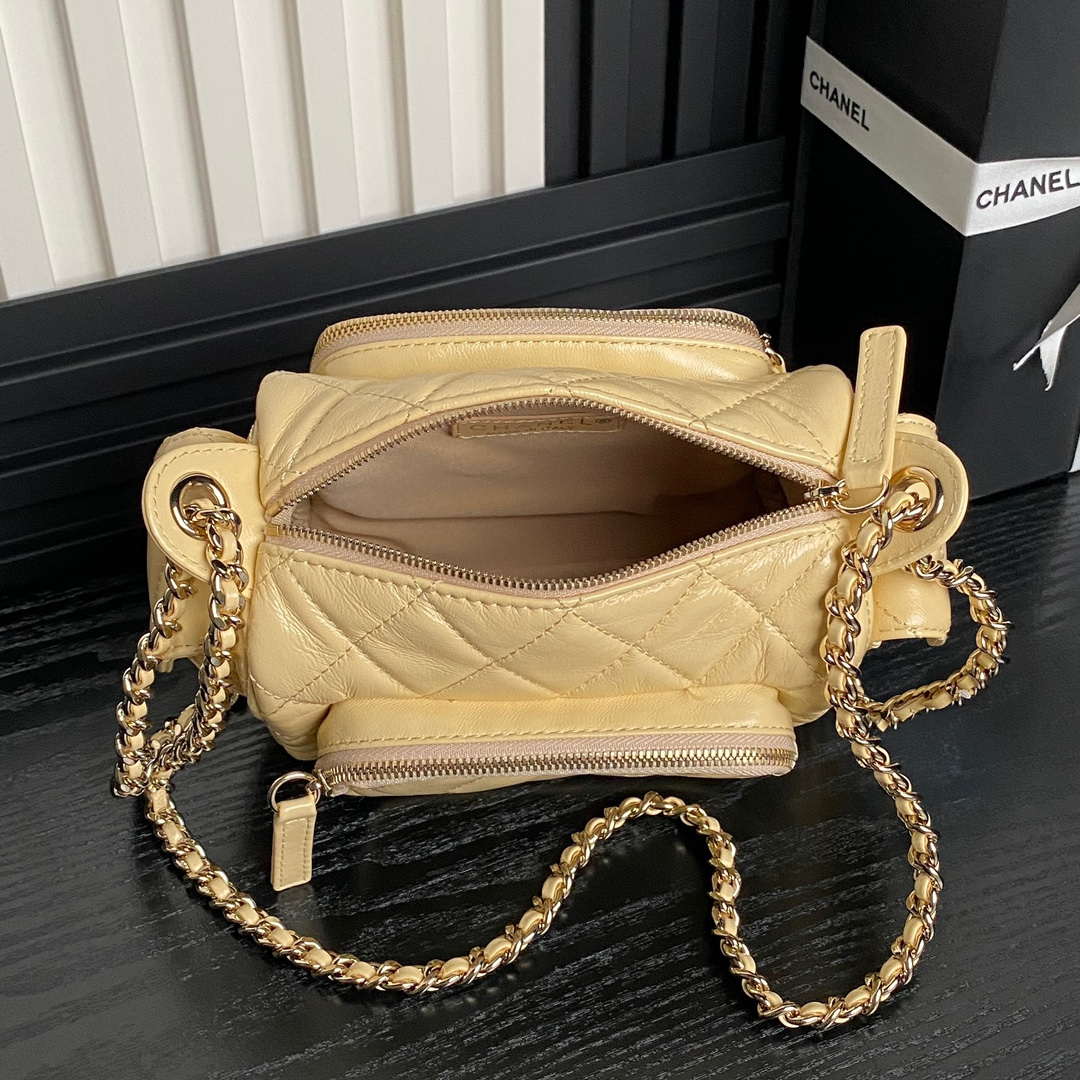 Chanel AS5220 Small Camera Case Bag Shiny Crumpled Lambskin & Gold-Tone Metal Apricot