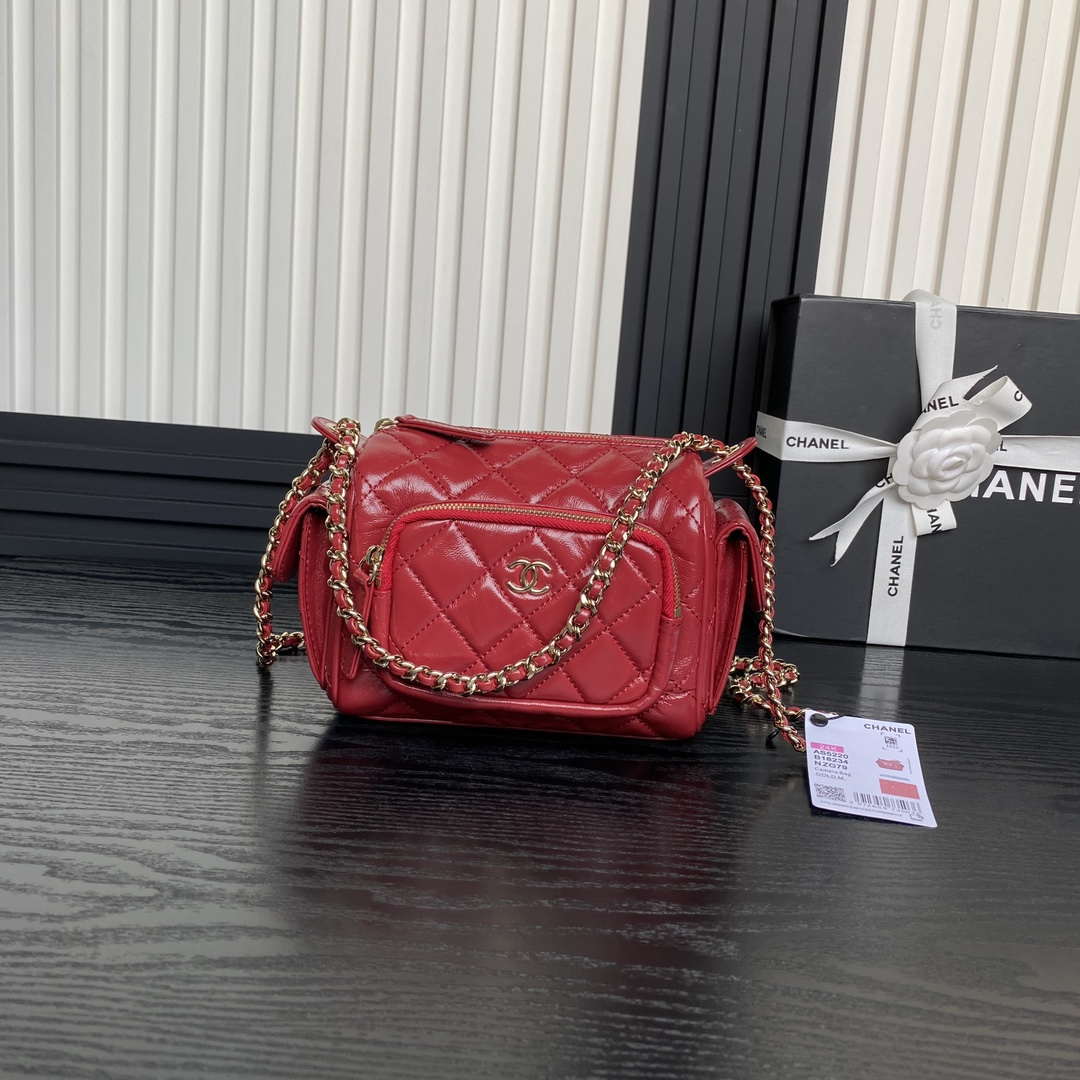 Chanel AS5220 Small Camera Case Bag Shiny Crumpled Lambskin & Gold-Tone Metal Red - Default Title - View 1