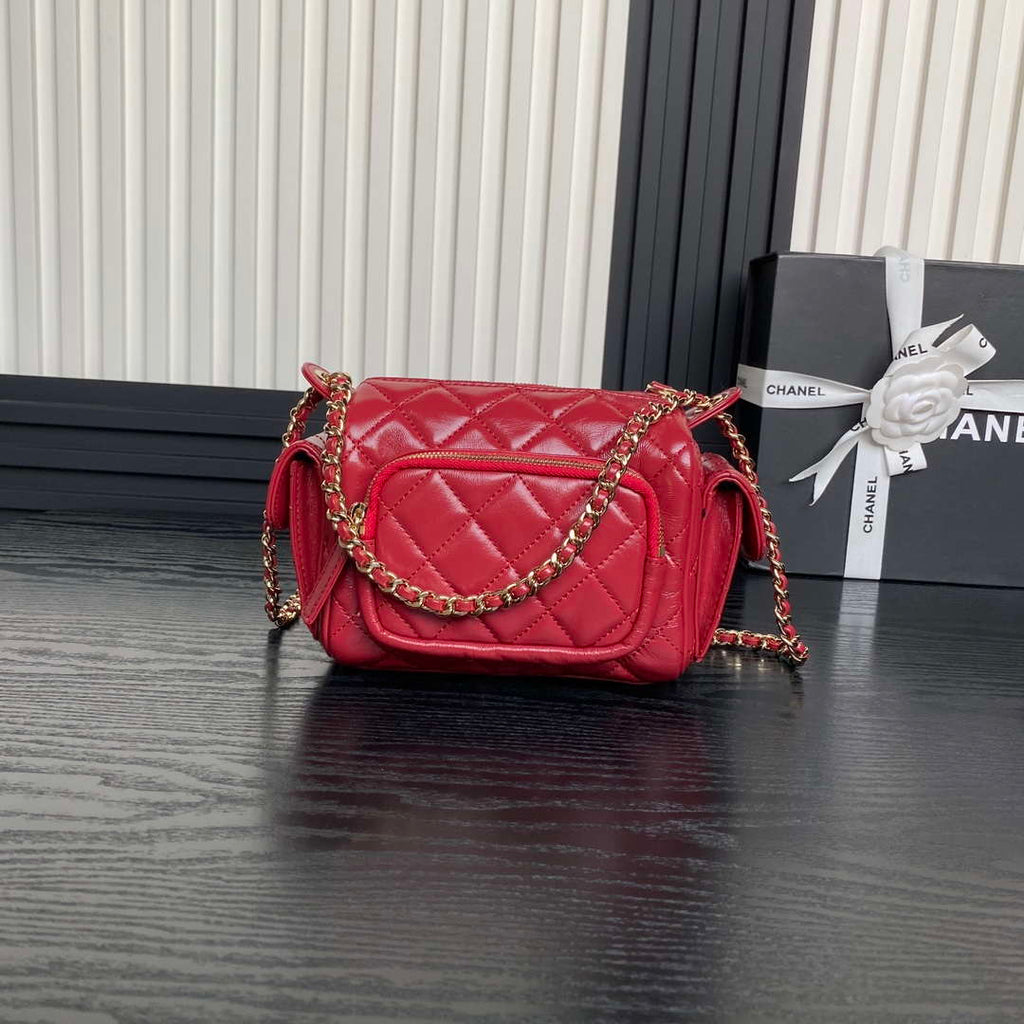 Chanel AS5220 Small Camera Case Bag Shiny Crumpled Lambskin & Gold-Tone Metal Red
