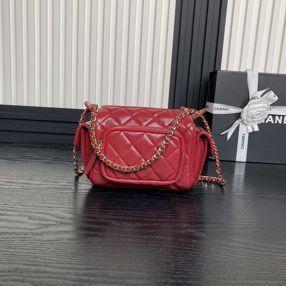 Chanel AS5220 Small Camera Case Bag Shiny Crumpled Lambskin & Gold-Tone Metal Red - Default Title - View 2