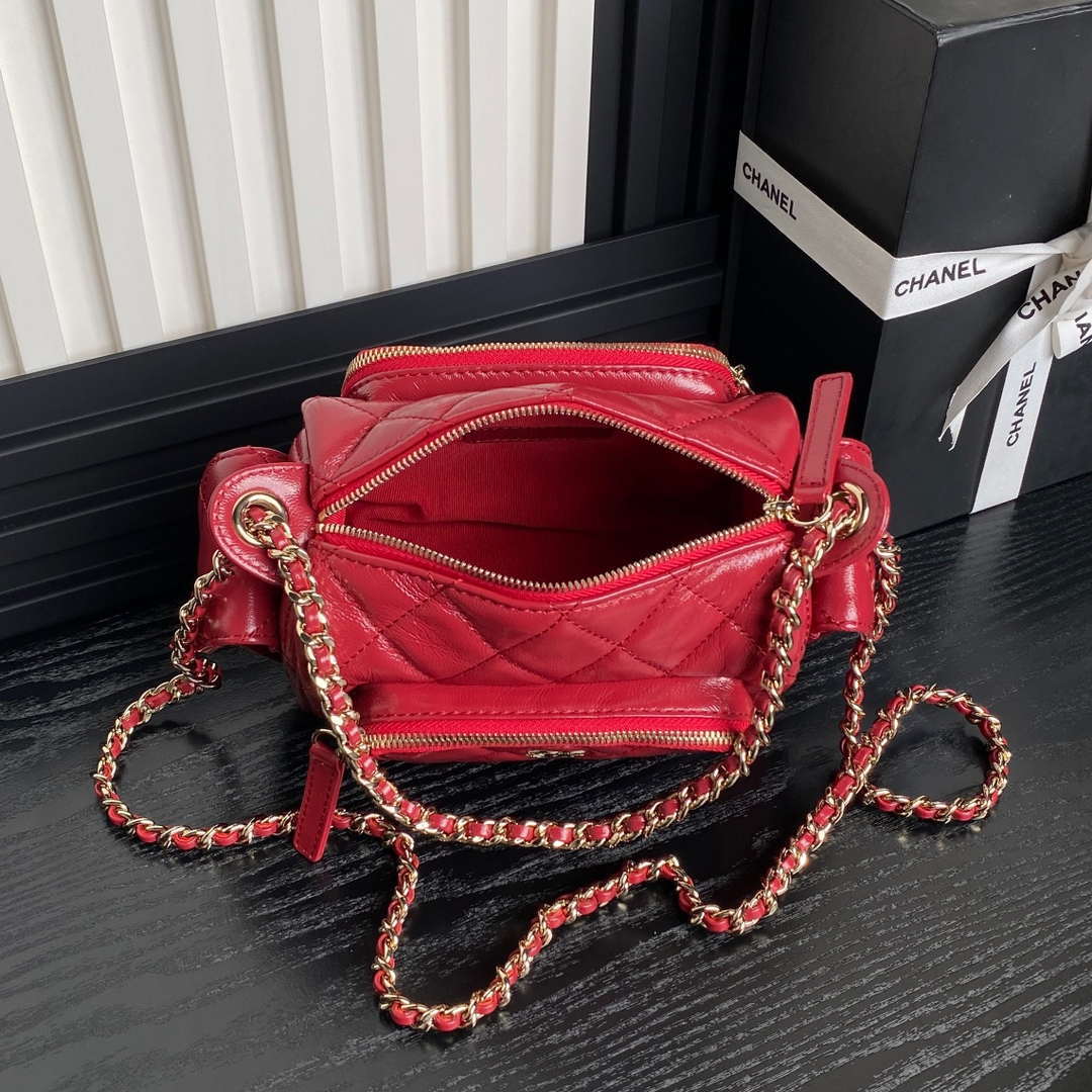 Chanel AS5220 Small Camera Case Bag Shiny Crumpled Lambskin & Gold-Tone Metal Red - Default Title - View 8