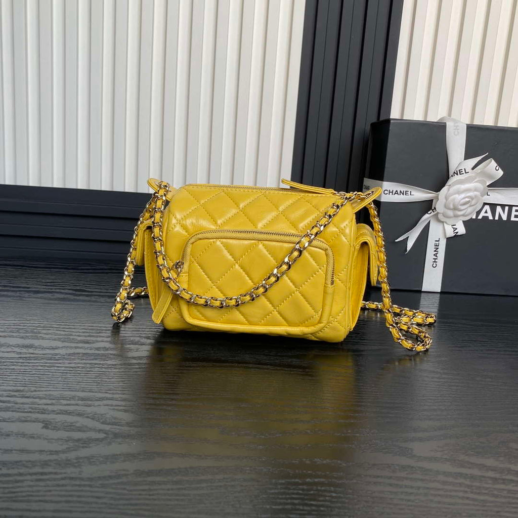 Chanel AS5220 Small Camera Case Bag Shiny Crumpled Lambskin & Gold-Tone Metal Yellow