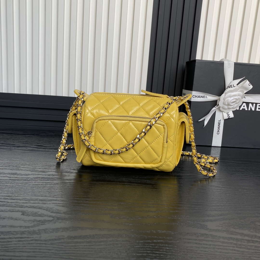 Chanel AS5220 Small Camera Case Bag Shiny Crumpled Lambskin & Gold-Tone Metal Yellow - Default Title - View 2