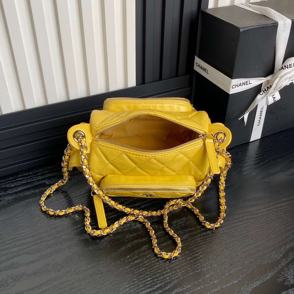 Chanel AS5220 Small Camera Case Bag Shiny Crumpled Lambskin & Gold-Tone Metal Yellow