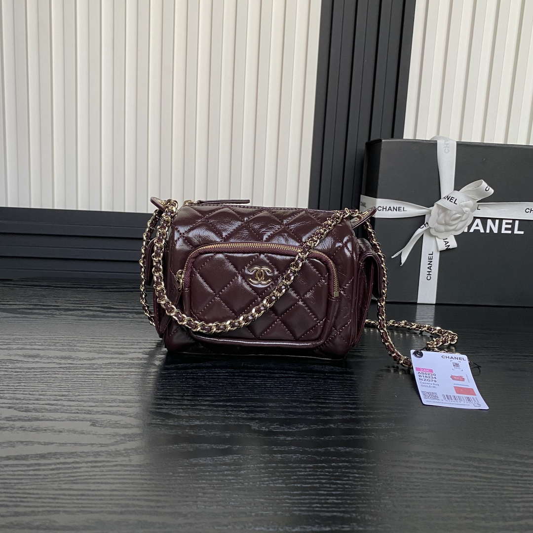Chanel AS5220 Small Camera Case Bag Shiny Crumpled Lambskin & Gold-Tone Metal Dark Red