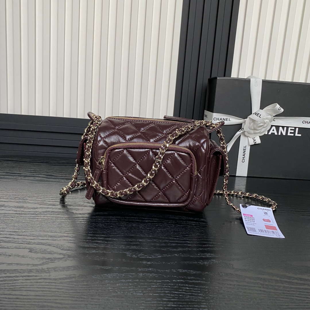 Chanel AS5220 Small Camera Case Bag Shiny Crumpled Lambskin & Gold-Tone Metal Dark Red - Default Title - View 2