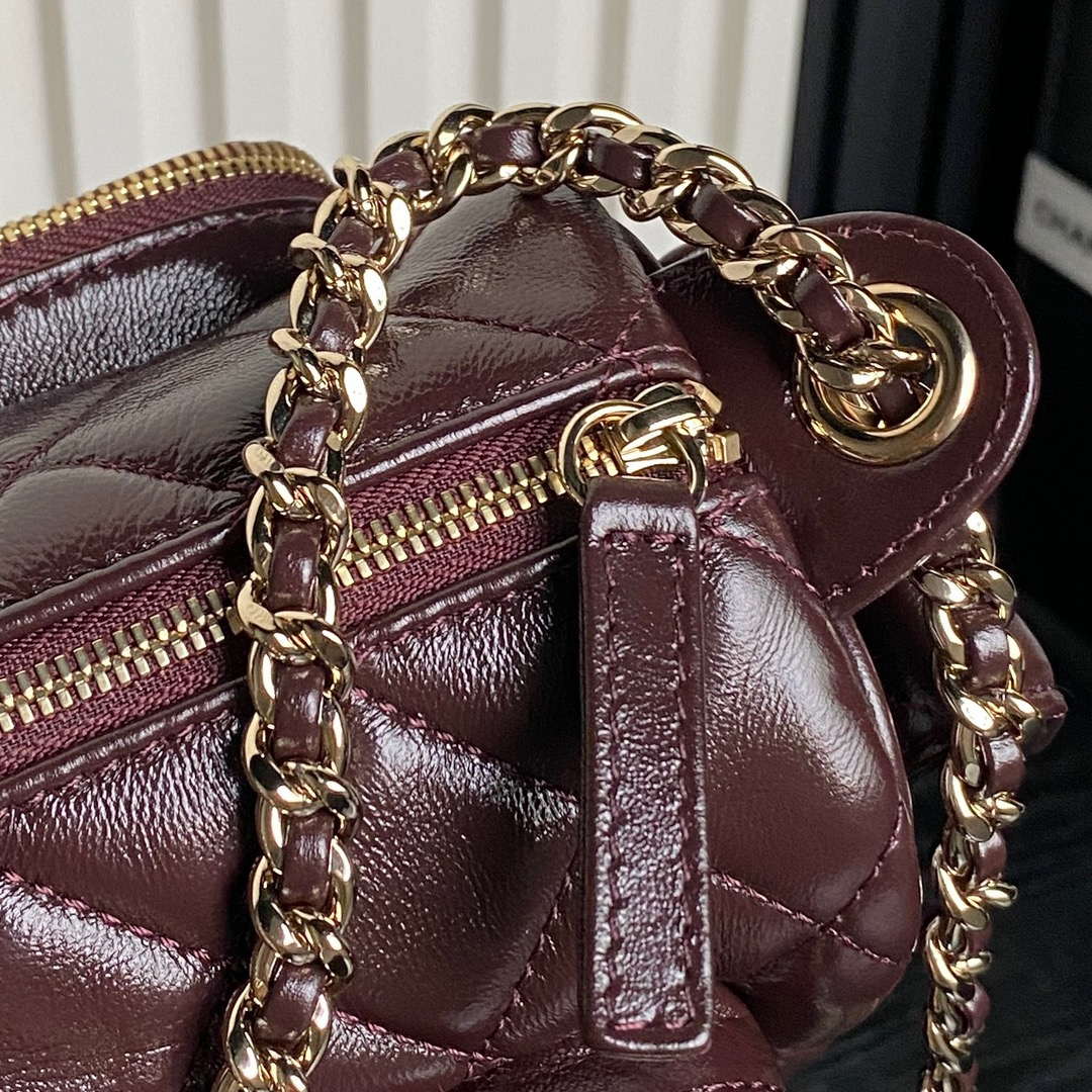 Chanel AS5220 Small Camera Case Bag Shiny Crumpled Lambskin & Gold-Tone Metal Dark Red