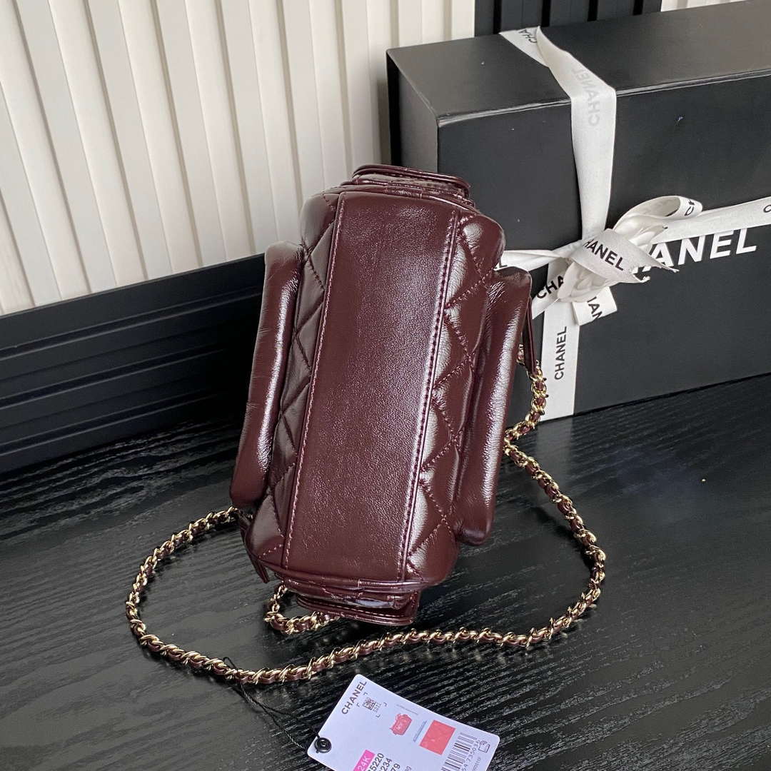 Chanel AS5220 Small Camera Case Bag Shiny Crumpled Lambskin & Gold-Tone Metal Dark Red
