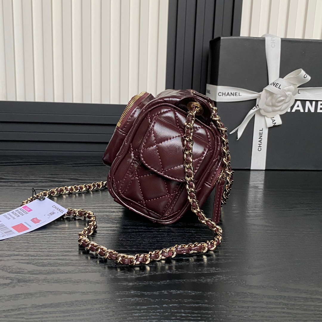 Chanel AS5220 Small Camera Case Bag Shiny Crumpled Lambskin & Gold-Tone Metal Dark Red