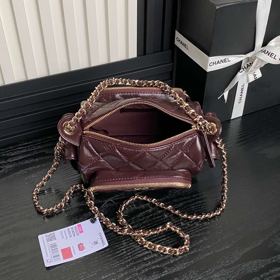 Chanel AS5220 Small Camera Case Bag Shiny Crumpled Lambskin & Gold-Tone Metal Dark Red
