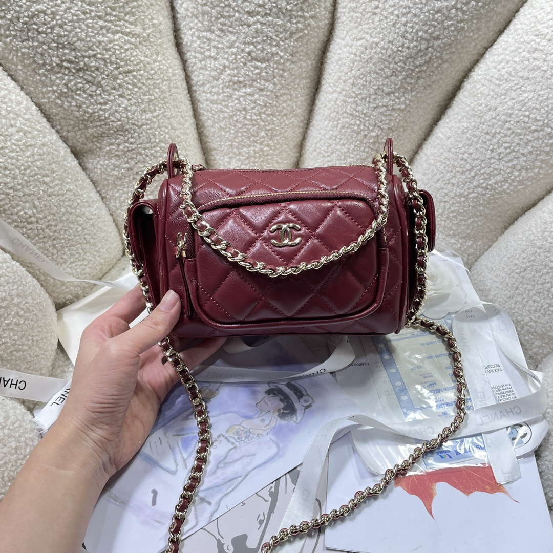 Chanel AS5220 Small Camera Case Bag Shiny Crumpled Lambskin & Gold-Tone Metal Wine Red