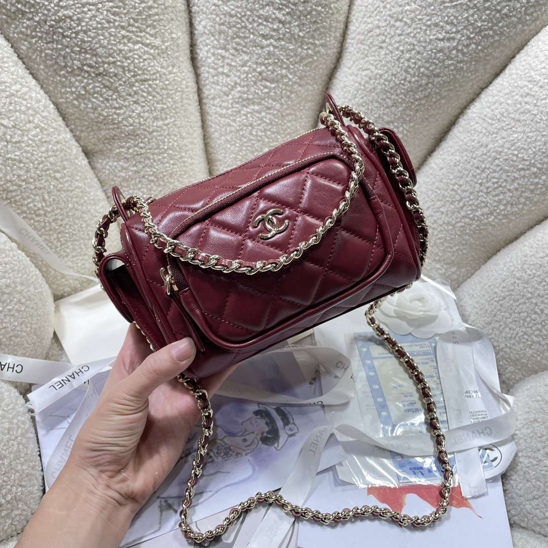 Chanel AS5220 Small Camera Case Bag Shiny Crumpled Lambskin & Gold-Tone Metal Wine Red