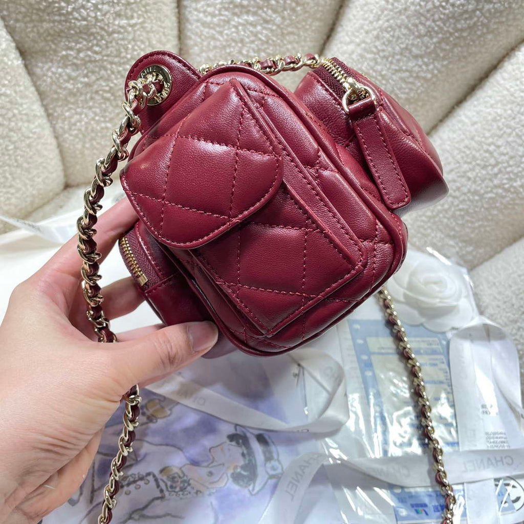 Chanel AS5220 Small Camera Case Bag Shiny Crumpled Lambskin & Gold-Tone Metal Wine Red