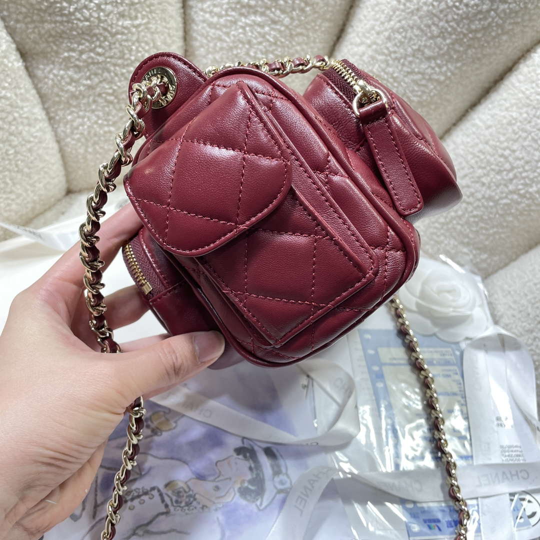 Chanel AS5220 Small Camera Case Bag Shiny Crumpled Lambskin & Gold-Tone Metal Wine Red - Default Title - View 3