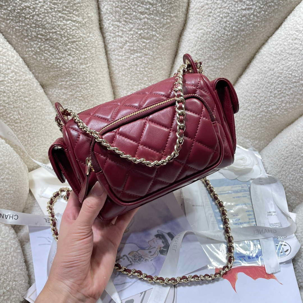 Chanel AS5220 Small Camera Case Bag Shiny Crumpled Lambskin & Gold-Tone Metal Wine Red