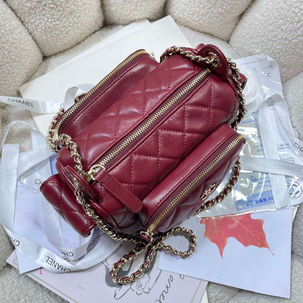 Chanel AS5220 Small Camera Case Bag Shiny Crumpled Lambskin & Gold-Tone Metal Wine Red