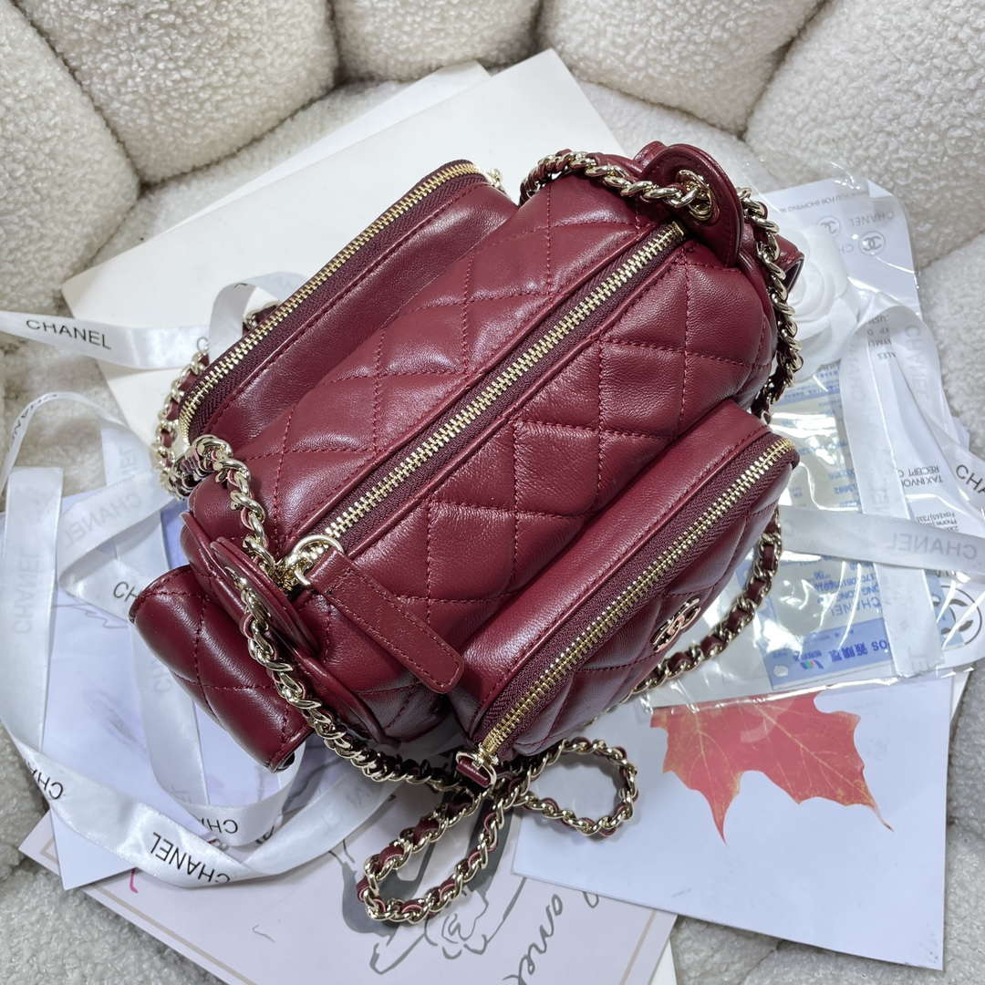 Chanel AS5220 Small Camera Case Bag Shiny Crumpled Lambskin & Gold-Tone Metal Wine Red