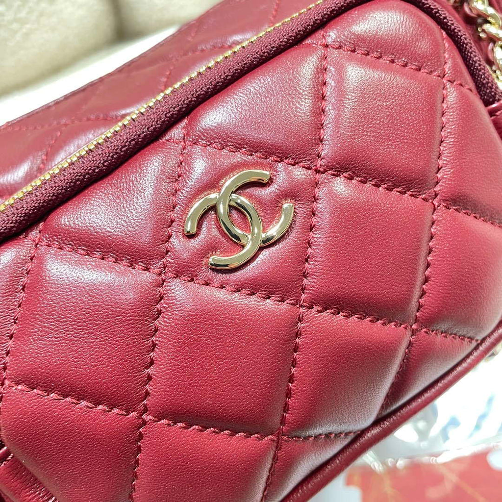 Chanel AS5220 Small Camera Case Bag Shiny Crumpled Lambskin & Gold-Tone Metal Wine Red