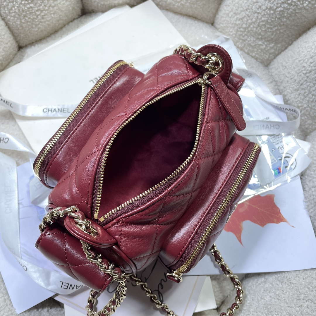 Chanel AS5220 Small Camera Case Bag Shiny Crumpled Lambskin & Gold-Tone Metal Wine Red - Default Title - View 8