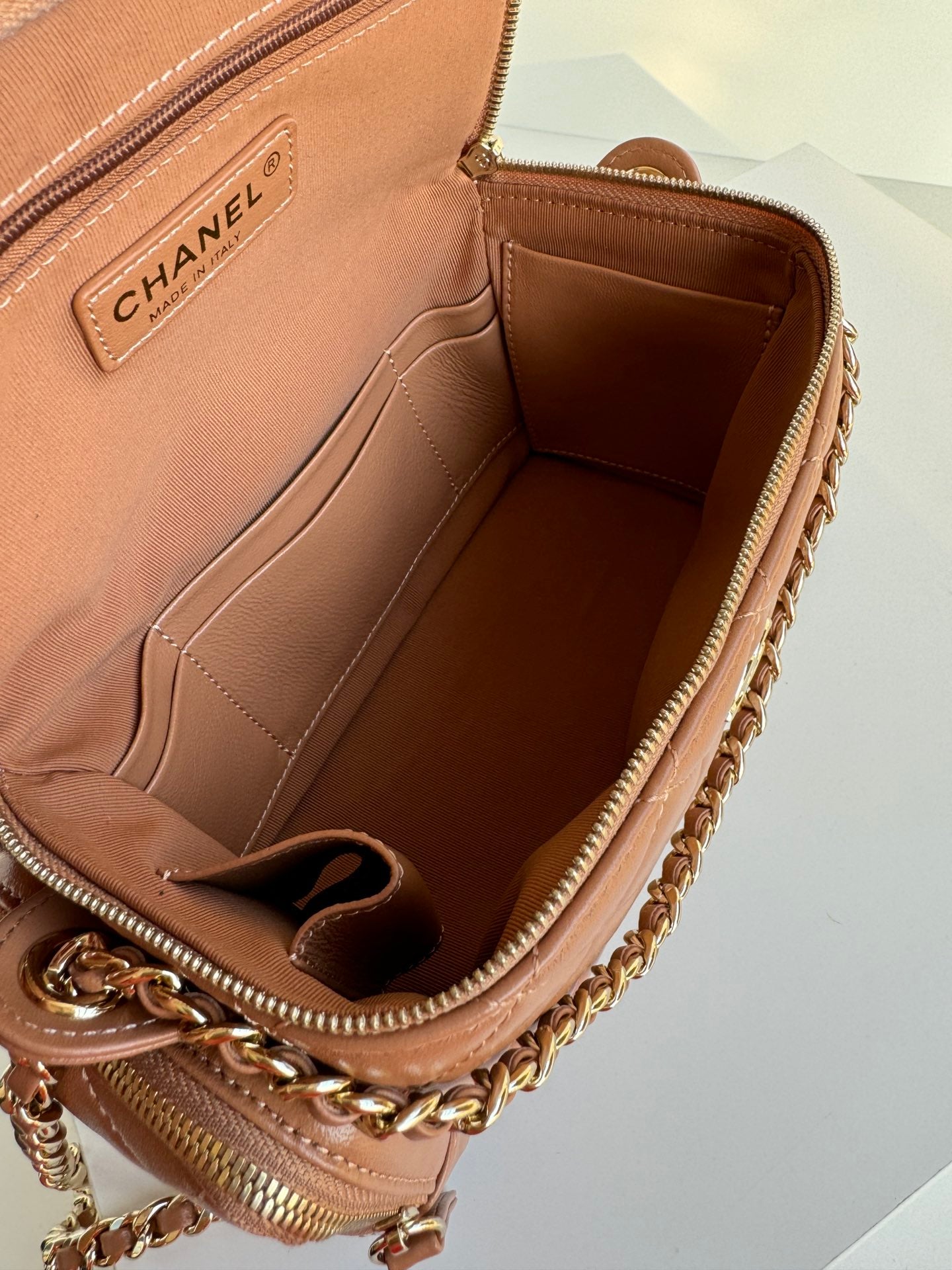 Chanel AS5222 Vanity Case Shiny Crumpled Lambskin & Gold-Tone Metal Brown