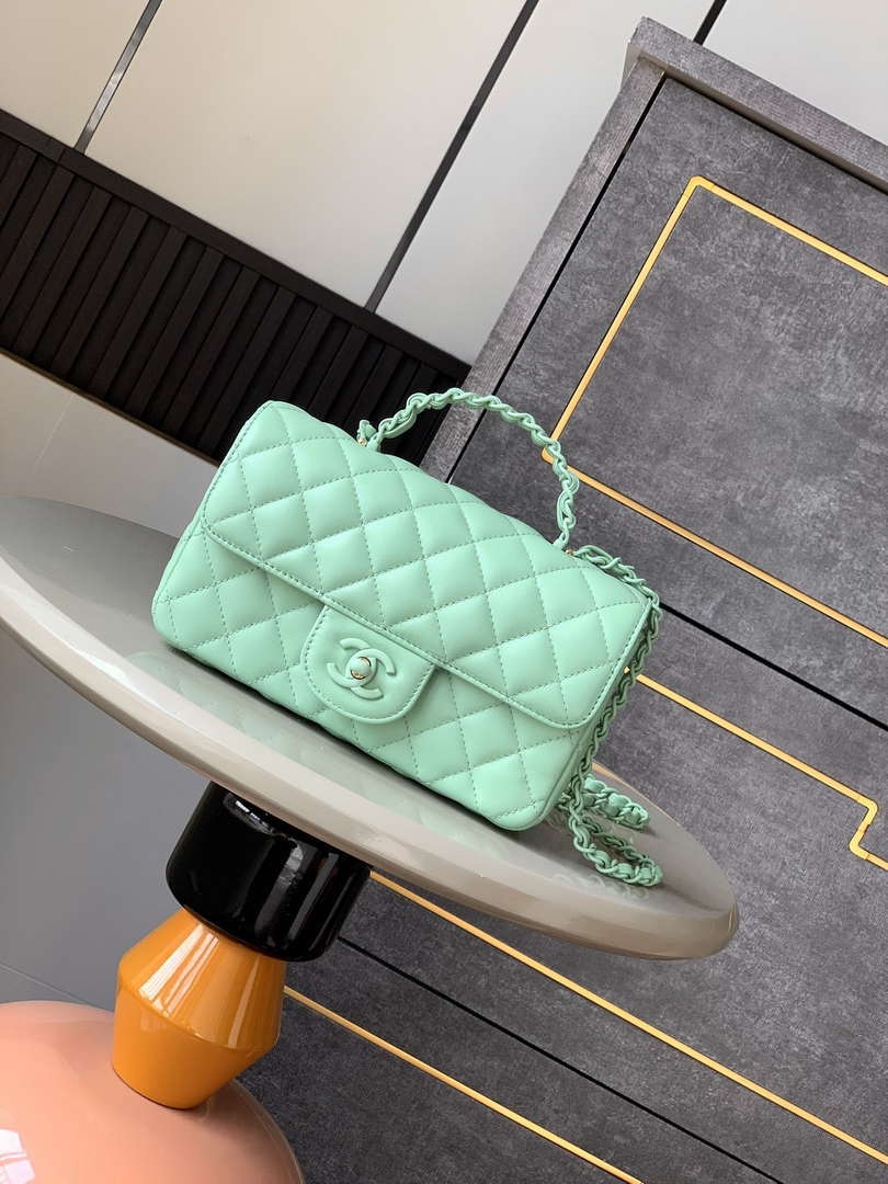 Chanel AS5243 Mini Flap Bag with Top Handle Lambskin & Lacquered Metal Light Green