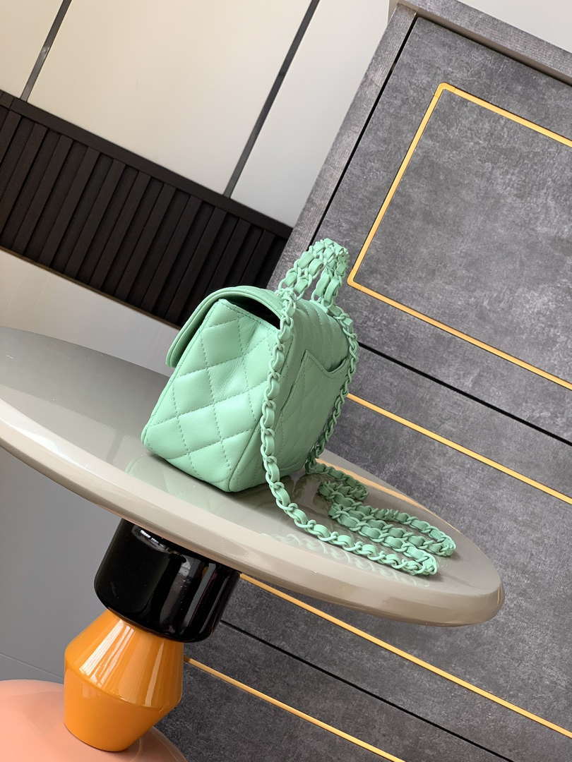 Chanel AS5243 Mini Flap Bag with Top Handle Lambskin & Lacquered Metal Light Green