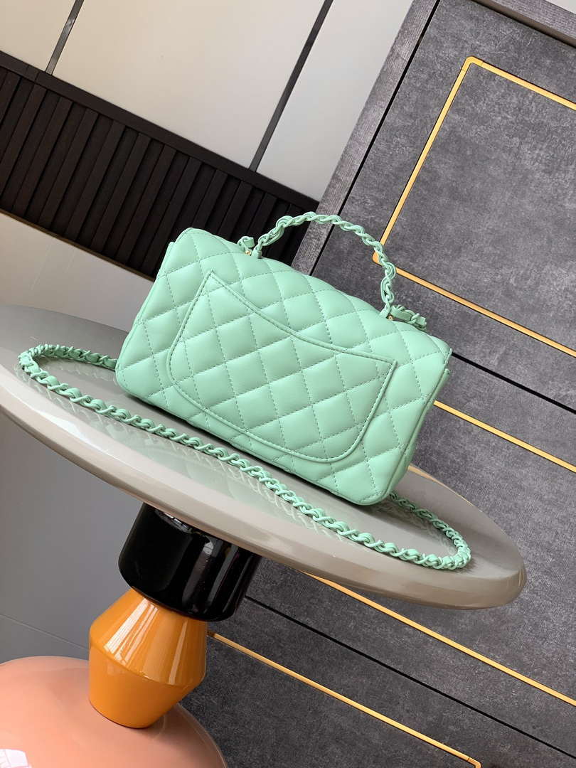 Chanel AS5243 Mini Flap Bag with Top Handle Lambskin & Lacquered Metal Light Green
