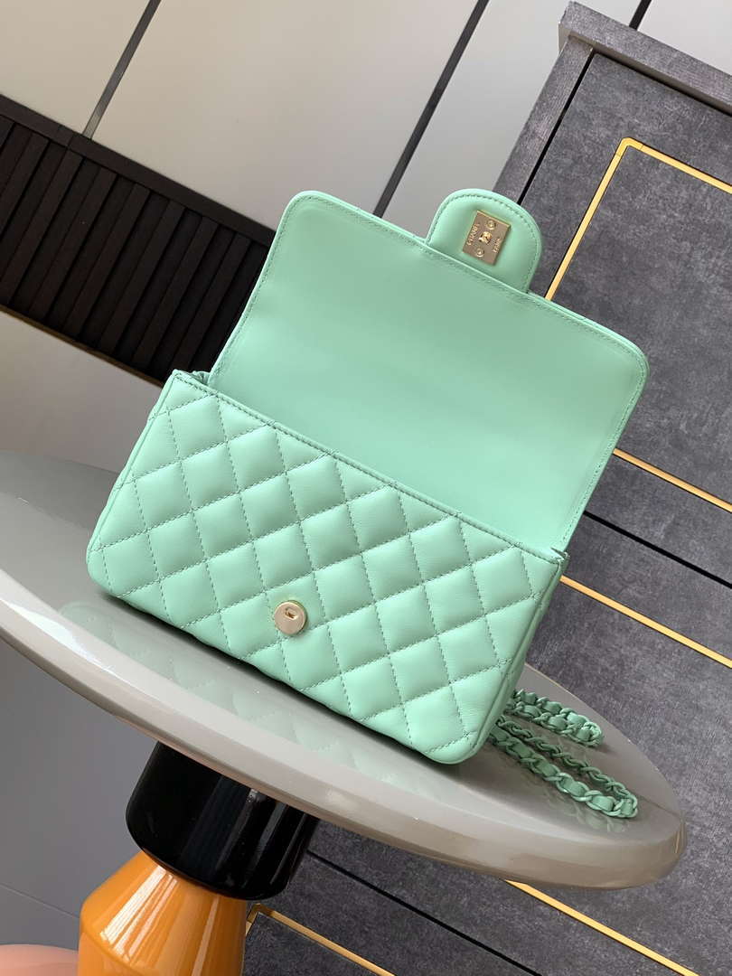 Chanel AS5243 Mini Flap Bag with Top Handle Lambskin & Lacquered Metal Light Green