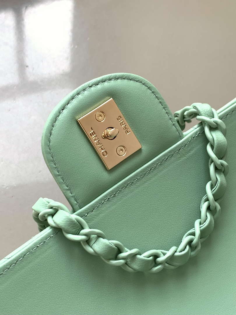 Chanel AS5243 Mini Flap Bag with Top Handle Lambskin & Lacquered Metal Light Green