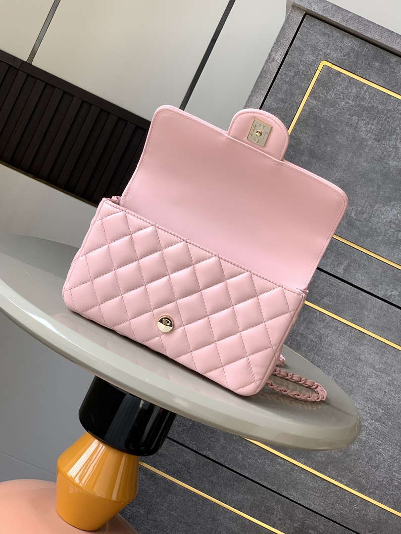 Chanel AS5243 Mini Flap Bag with Top Handle Lambskin & Lacquered Metal Pink