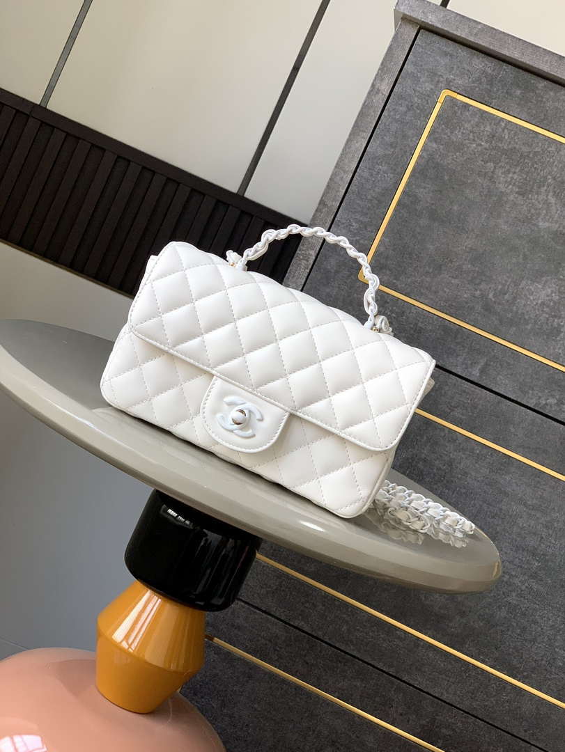 Chanel AS5243 Mini Flap Bag with Top Handle Lambskin & Lacquered Metal White - Default Title - View 1