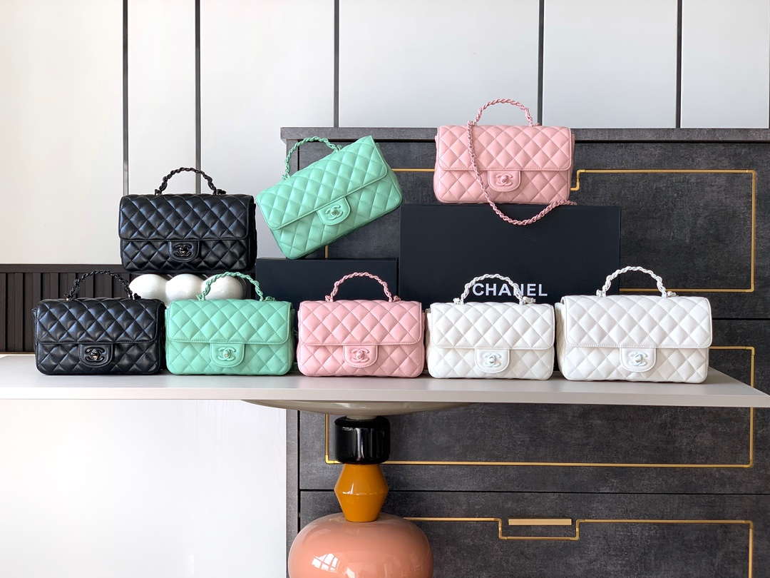Chanel AS5244 Flap Bag with Top Handle Lambskin & Lacquered Metal Light Green