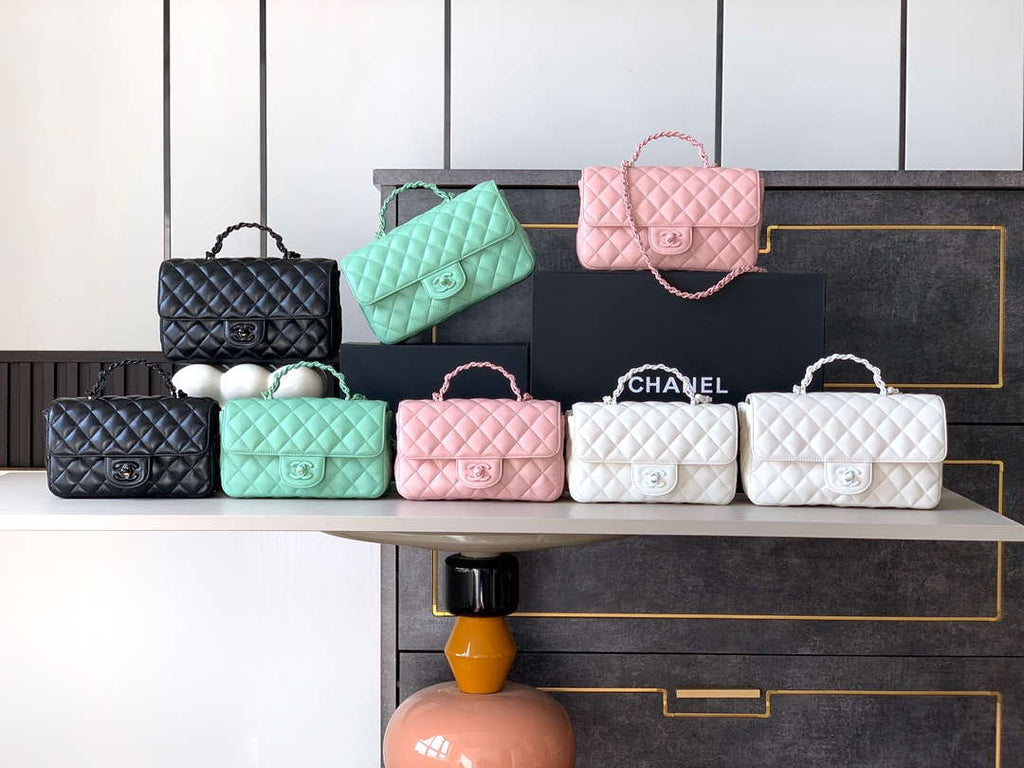 Chanel AS5243 Mini Flap Bag with Top Handle Lambskin & Lacquered Metal White