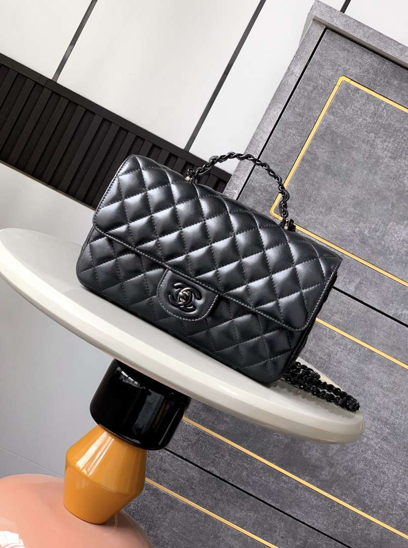 Chanel AS5244 Flap Bag with Top Handle Lambskin & Lacquered Metal Black - Default Title - View 1