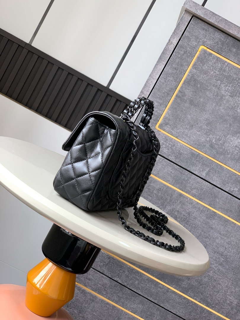 Chanel AS5244 Flap Bag with Top Handle Lambskin & Lacquered Metal Black