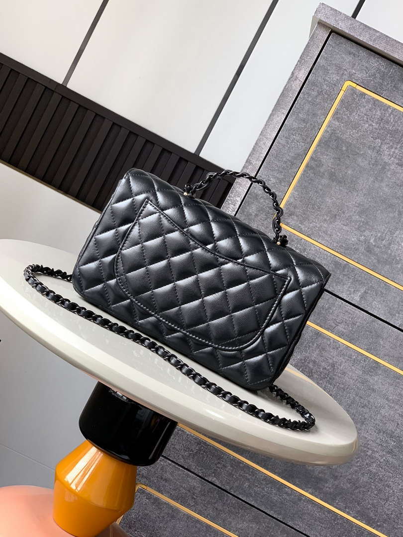 Chanel AS5244 Flap Bag with Top Handle Lambskin & Lacquered Metal Black