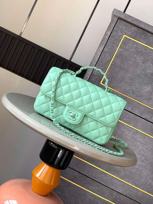 Chanel AS5244 Flap Bag with Top Handle Lambskin & Lacquered Metal Light Green - Default Title - View 1