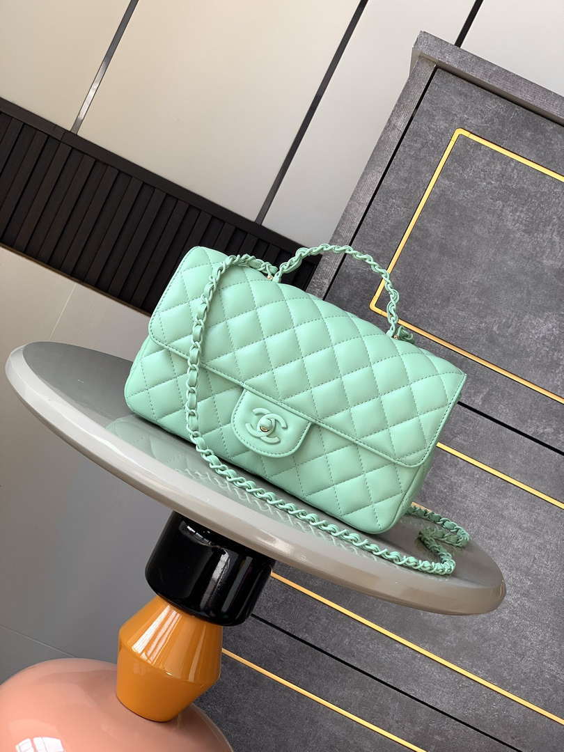 Chanel AS5244 Flap Bag with Top Handle Lambskin & Lacquered Metal Light Green - Default Title - View 1